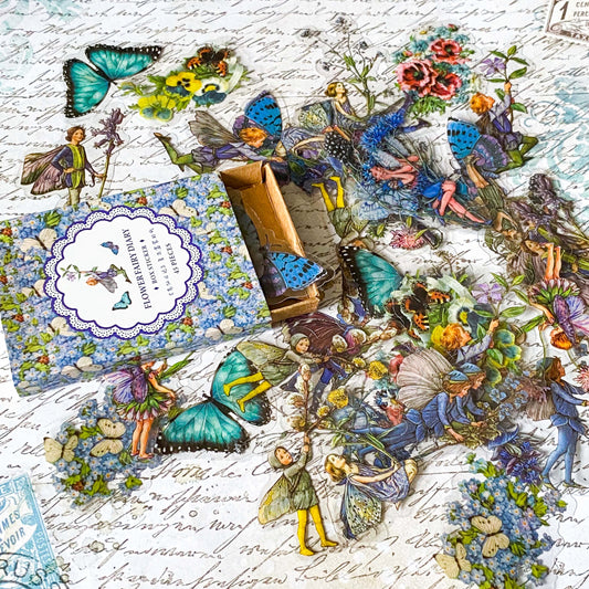 flower fairy clear sticker box with vintage botanical fairies transparent stickers set in blue box, blue violet and turquoise green flowers and butterflies