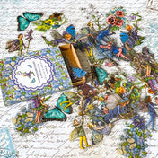 flower fairy clear sticker box with vintage botanical fairies transparent stickers set in blue box, blue violet and turquoise green flowers and butterflies