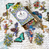 flower fairy clear sticker box with vintage botanical fairies transparent stickers set in blue box, blue violet and turquoise green flowers and butterflies