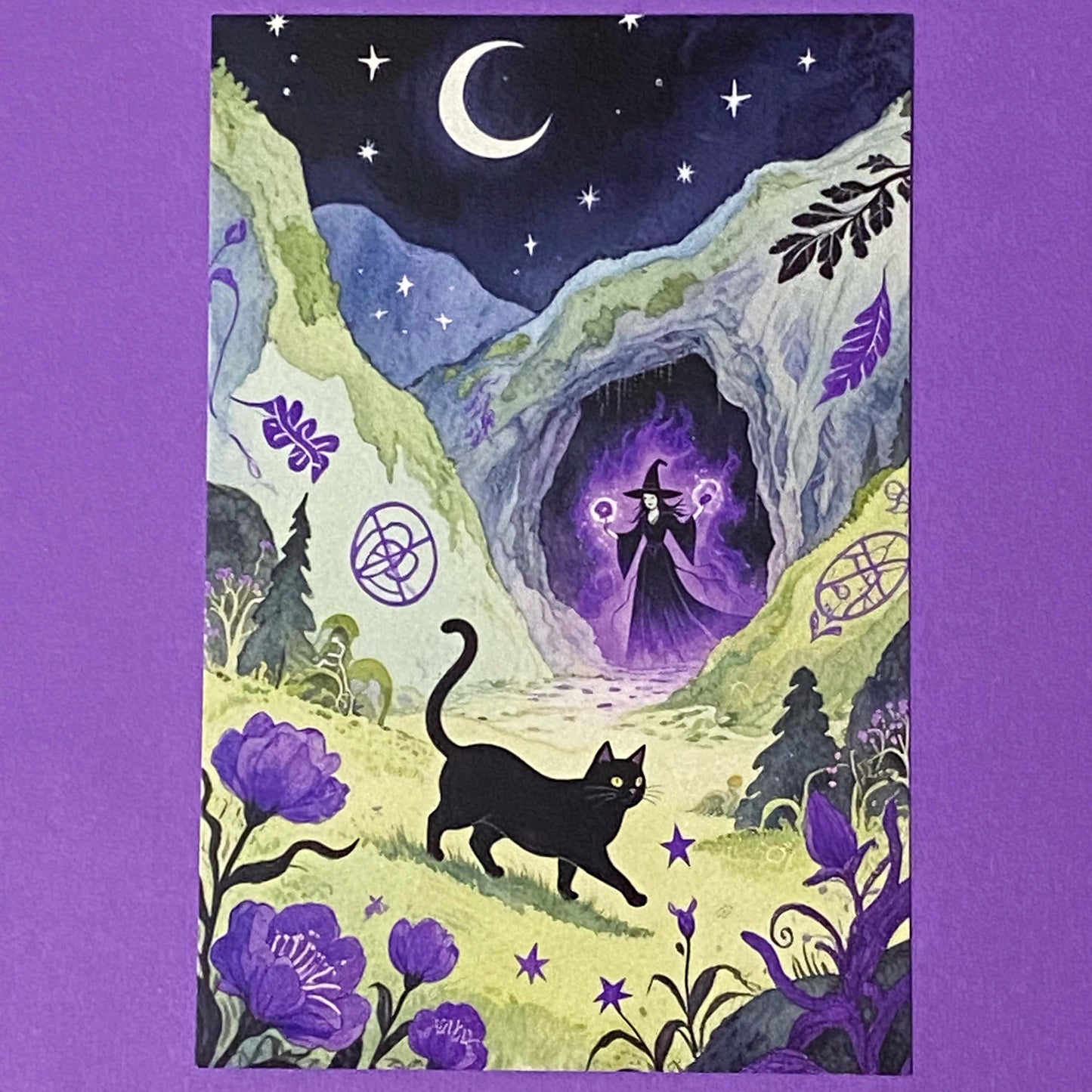 magic magical watercolour postcard postcards post card cards uk moon night cute kawaii witch witches black cat cats witchcraft pretty stationery shop store planner supplies desert wood woodland broom broomstick water pyramid castle witch"s familiar individual single beautiful horse