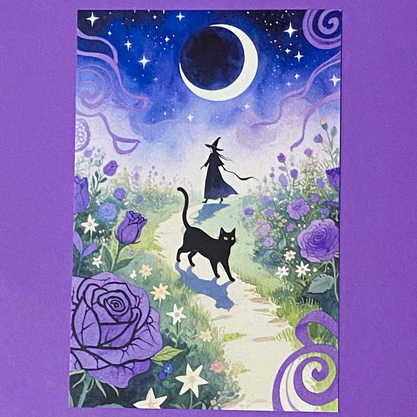 magic magical watercolour postcard postcards post card cards uk moon night cute kawaii witch witches black cat cats witchcraft pretty stationery shop store planner supplies desert wood woodland broom broomstick water pyramid castle witch"s familiar individual single beautiful horse