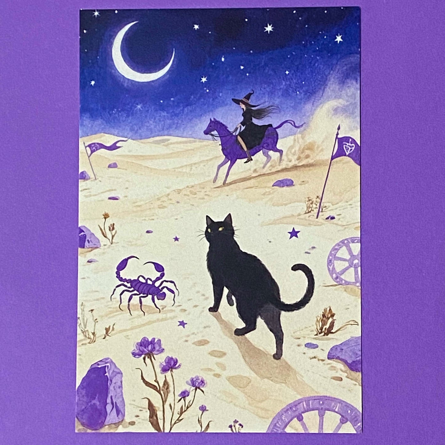 magic magical watercolour postcard postcards post card cards uk moon night cute kawaii witch witches black cat cats witchcraft pretty stationery shop store planner supplies desert wood woodland broom broomstick water pyramid castle witch"s familiar individual single beautiful horse fairytale