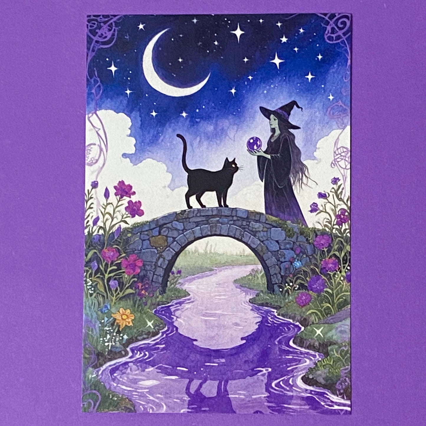 magic magical watercolour postcard postcards post card cards uk moon night cute kawaii witch witches black cat cats witchcraft pretty stationery shop store planner supplies desert wood woodland broom broomstick water pyramid castle witch"s familiar individual single beautiful horse fairytale