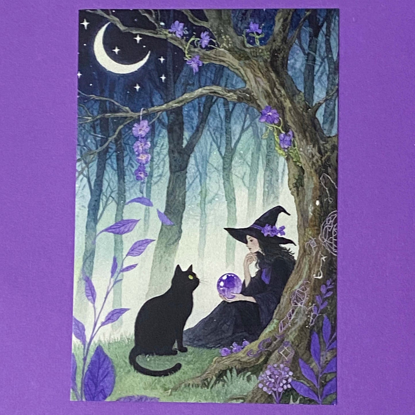 magic magical watercolour postcard postcards post card cards uk moon night cute kawaii witch witches black cat cats witchcraft pretty stationery shop store planner supplies desert wood woodland broom broomstick water pyramid castle witch"s familiar individual single beautiful horse fairytale