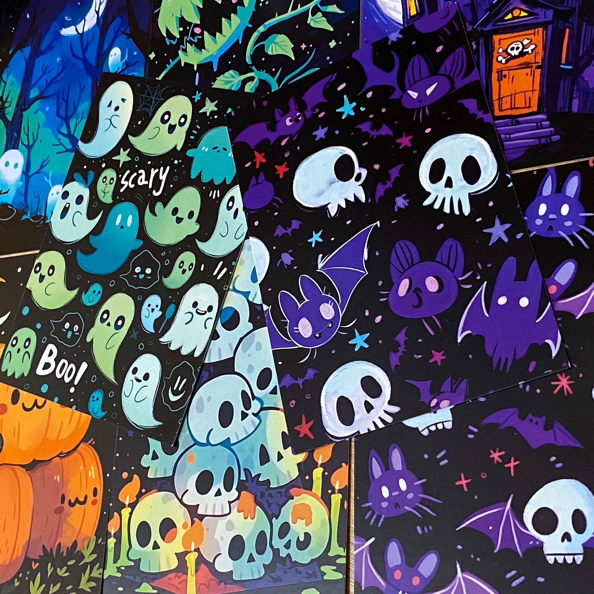 vibrant bright colourful kawaii halloween spooky set of postcard postcards post card cards uk  cute stationery gift gifts planner supplies pumpkin pumpkins ghost ghosts monster monsters scary bat bats haunted house houses black silhouettes forest skull skulls