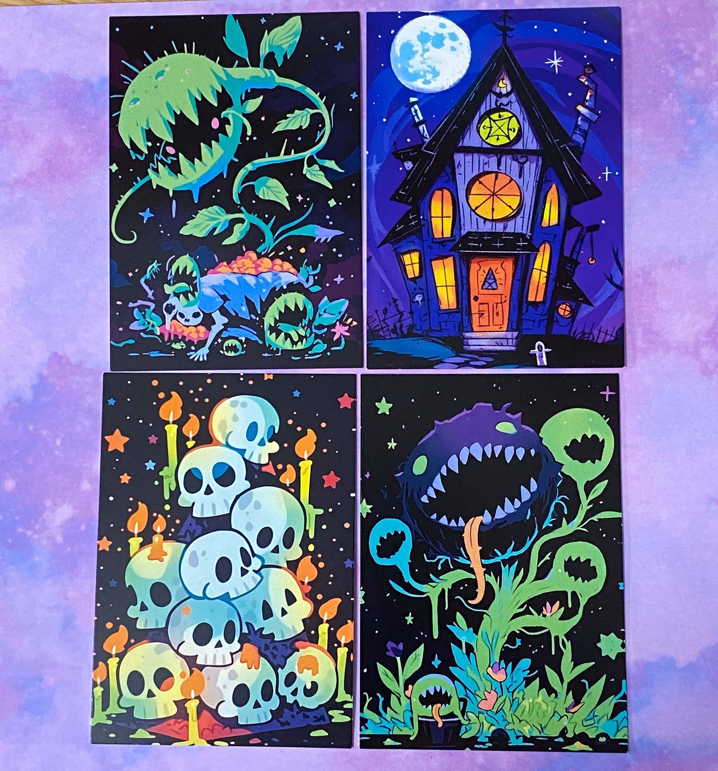 vibrant bright colourful kawaii halloween spooky set of postcard postcards post card cards uk  cute stationery gift gifts planner supplies pumpkin pumpkins ghost ghosts monster monsters scary bat bats haunted house houses black silhouettes forest skull skulls