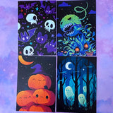 vibrant bright colourful kawaii halloween spooky set of postcard postcards post card cards uk  cute stationery gift gifts planner supplies pumpkin pumpkins ghost ghosts monster monsters scary bat bats haunted house houses black silhouettes forest skull skulls set of 4