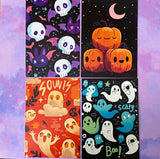 vibrant bright colourful kawaii halloween spooky set of postcard postcards post card cards uk  cute stationery gift gifts planner supplies pumpkin pumpkins ghost ghosts monster monsters scary bat bats haunted house houses black silhouettes forest skull skulls