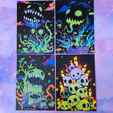vibrant bright colourful kawaii halloween spooky set of postcard postcards post card cards uk  cute stationery gift gifts planner supplies pumpkin pumpkins ghost ghosts monster monsters scary bat bats haunted house houses black silhouettes forest skull skulls