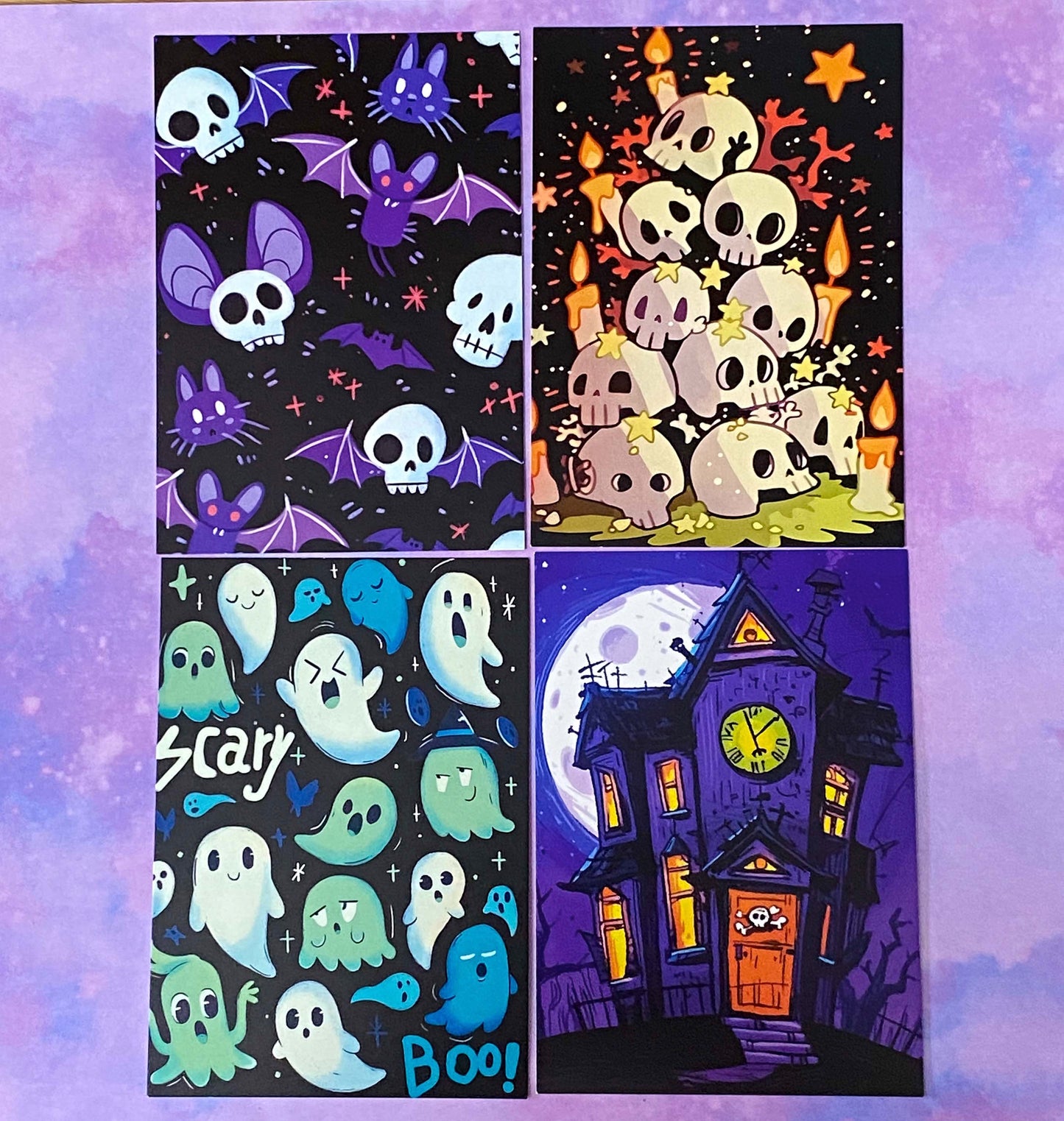 vibrant bright colourful kawaii halloween spooky set of postcard postcards post card cards uk  cute stationery gift gifts planner supplies pumpkin pumpkins ghost ghosts monster monsters scary bat bats haunted house houses black silhouettes forest skull skulls