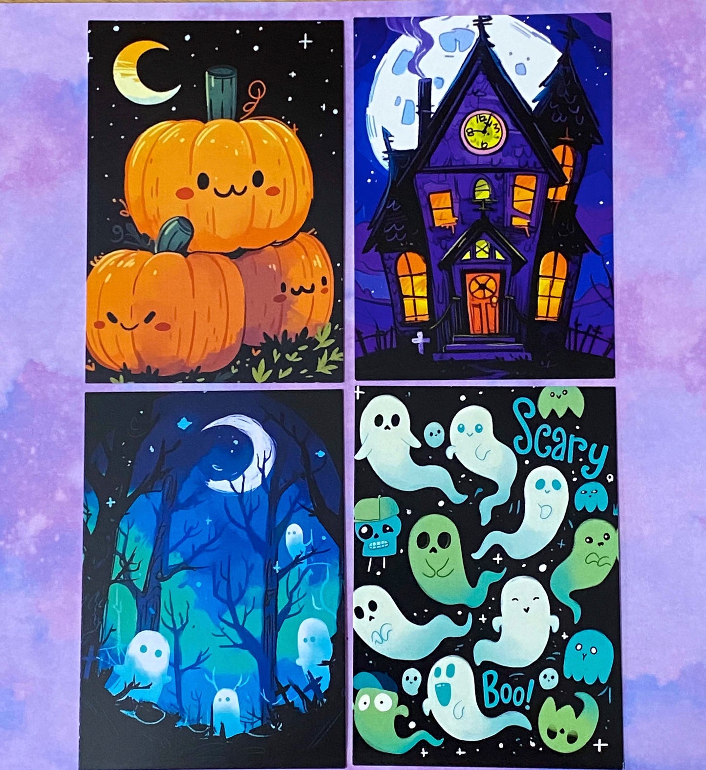 vibrant bright colourful kawaii halloween spooky set of postcard postcards post card cards uk  cute stationery gift gifts planner supplies pumpkin pumpkins ghost ghosts monster monsters scary bat bats haunted house houses black silhouettes forest skull skulls