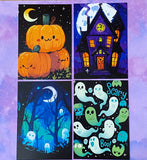 vibrant bright colourful kawaii halloween spooky set of postcard postcards post card cards uk  cute stationery gift gifts planner supplies pumpkin pumpkins ghost ghosts monster monsters scary bat bats haunted house houses black silhouettes forest skull skulls