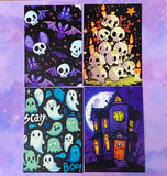 vibrant bright colourful kawaii halloween spooky set of postcard postcards post card cards uk  cute stationery gift gifts planner supplies pumpkin pumpkins ghost ghosts monster monsters scary bat bats haunted house houses black silhouettes forest skull skulls