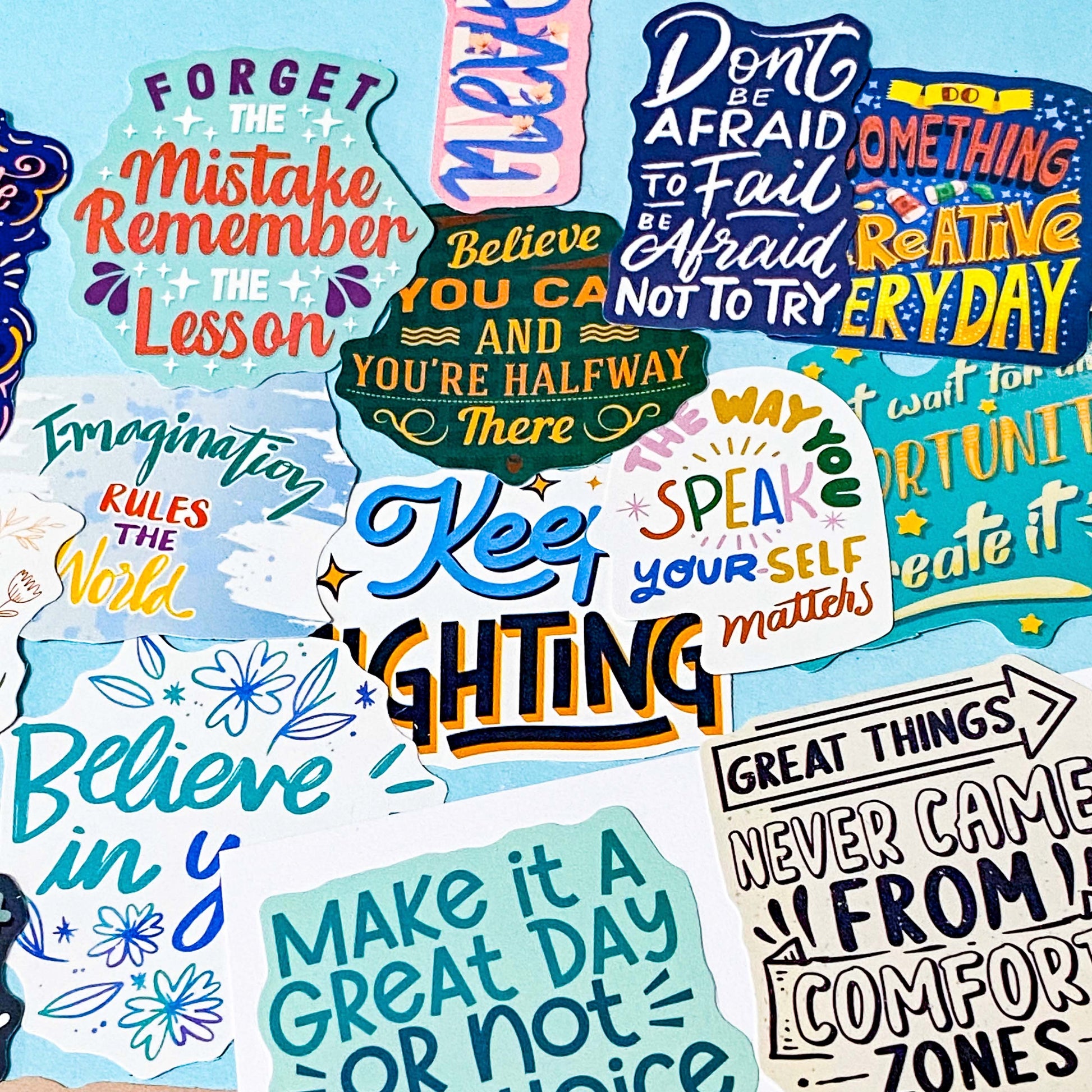 set of 100 colourful motivational affirmation stickers with positive quotes, glossy finish for laptops journals and scrapbooks