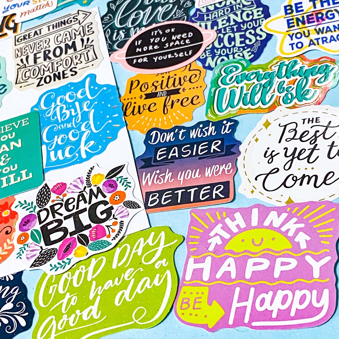 set of 100 colourful motivational affirmation stickers with positive quotes, glossy finish for laptops journals and scrapbooks