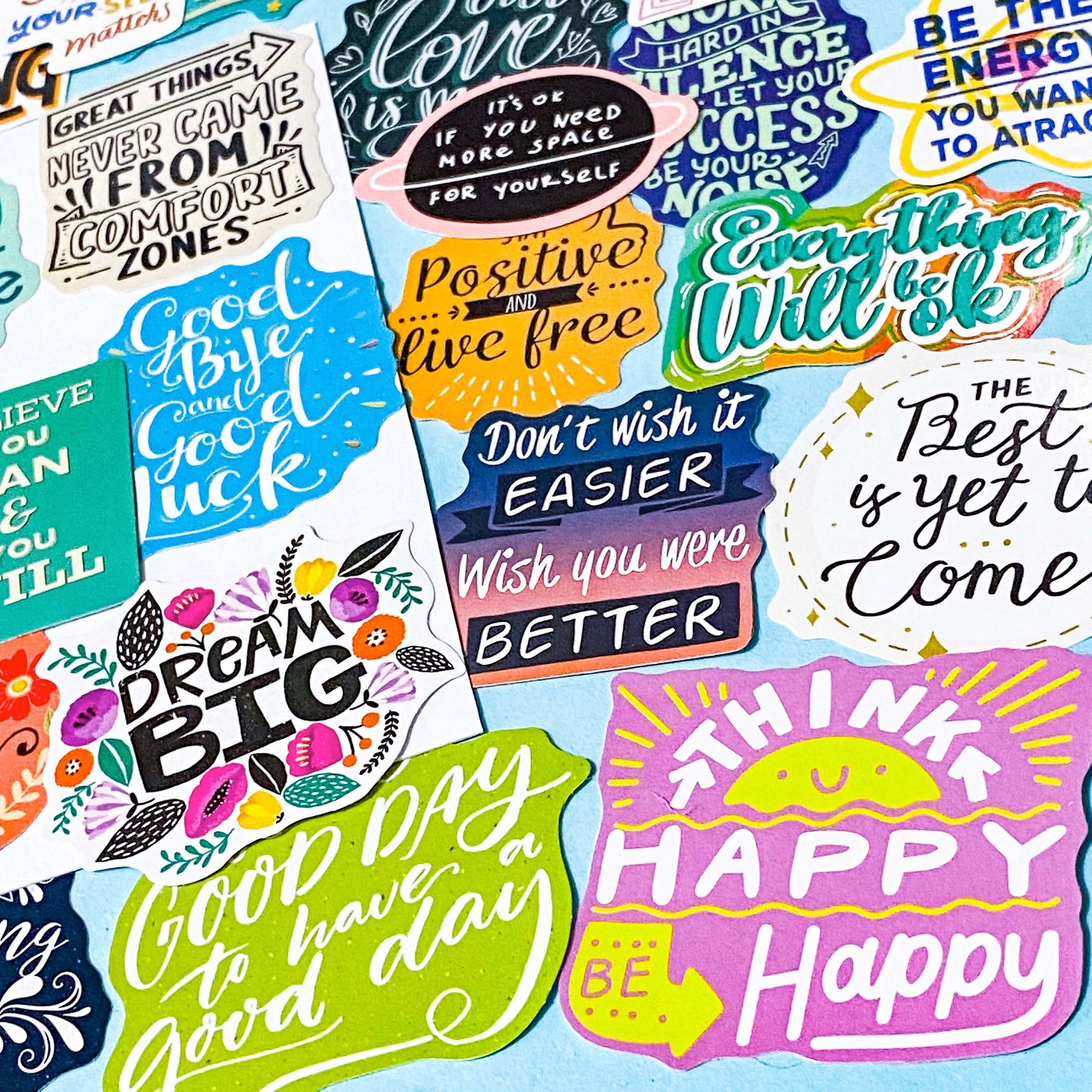 set of 100 colourful motivational affirmation stickers with positive quotes, glossy finish for laptops journals and scrapbooks