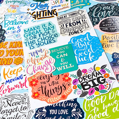 set of 100 colourful motivational affirmation stickers with positive quotes, glossy finish for laptops journals and scrapbooks
