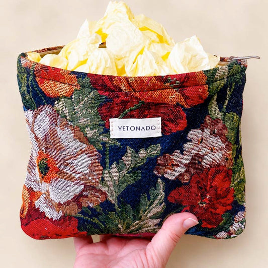 dark floral tapestry woven pouch with concealed zip fastening, lining and gusset. Large cosmetic bag with botanical design and textured fabric. manor garden. 