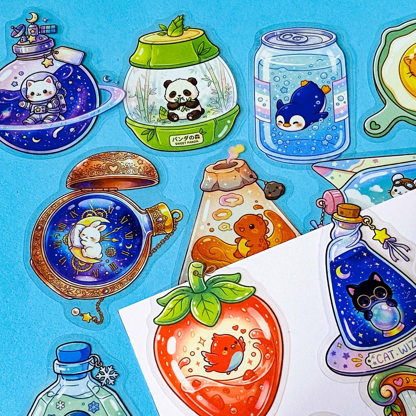pack of 48 transparent PET stickers featuring cute animals and magical creatures inside colourful bottles, jars and potion flasks. Uk cute stationery shop.