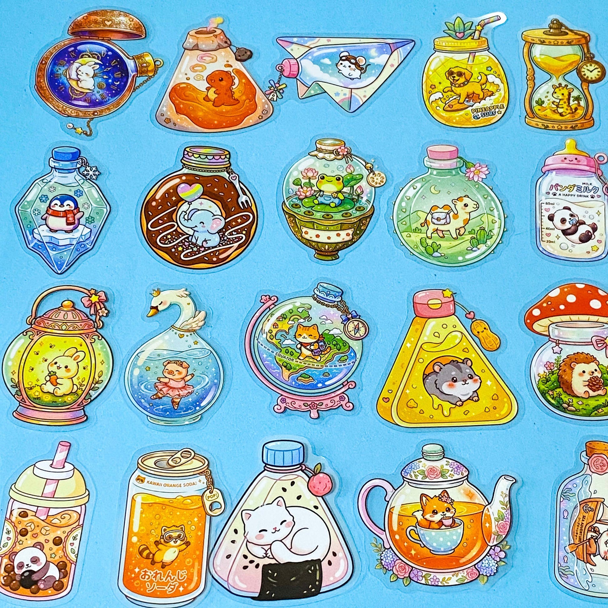 pack of 48 transparent PET stickers featuring cute animals and magical creatures inside colourful bottles, jars and potion flasks. Uk cute stationery shop.