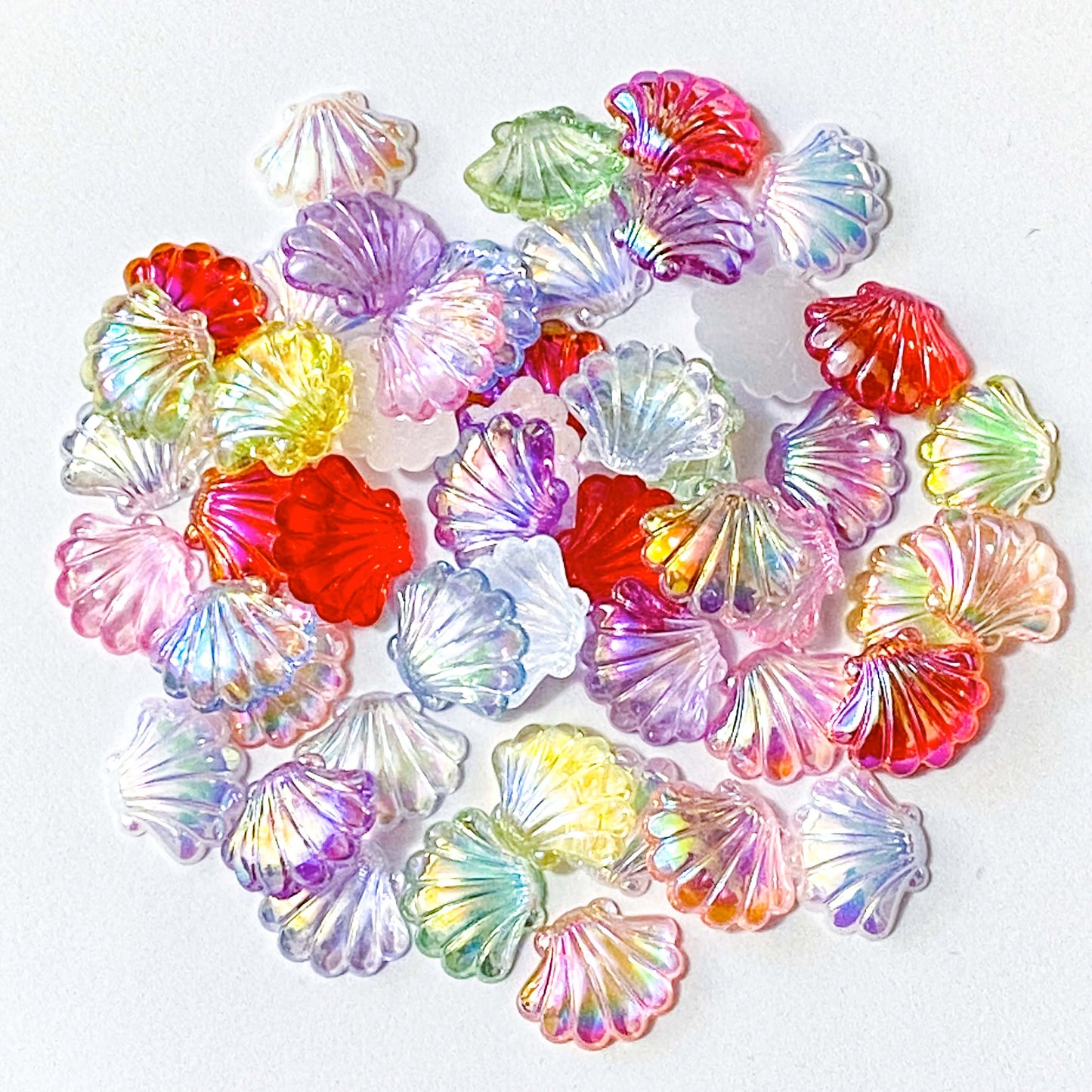 shell shells acrylic resin clear iridescent shimmer pearly ab flat back flatback flatbacks backs fb fbs uk cute kawaii craft supplies shop store colourful pretty little 2cm 20mm red yellow white clear blue pink green