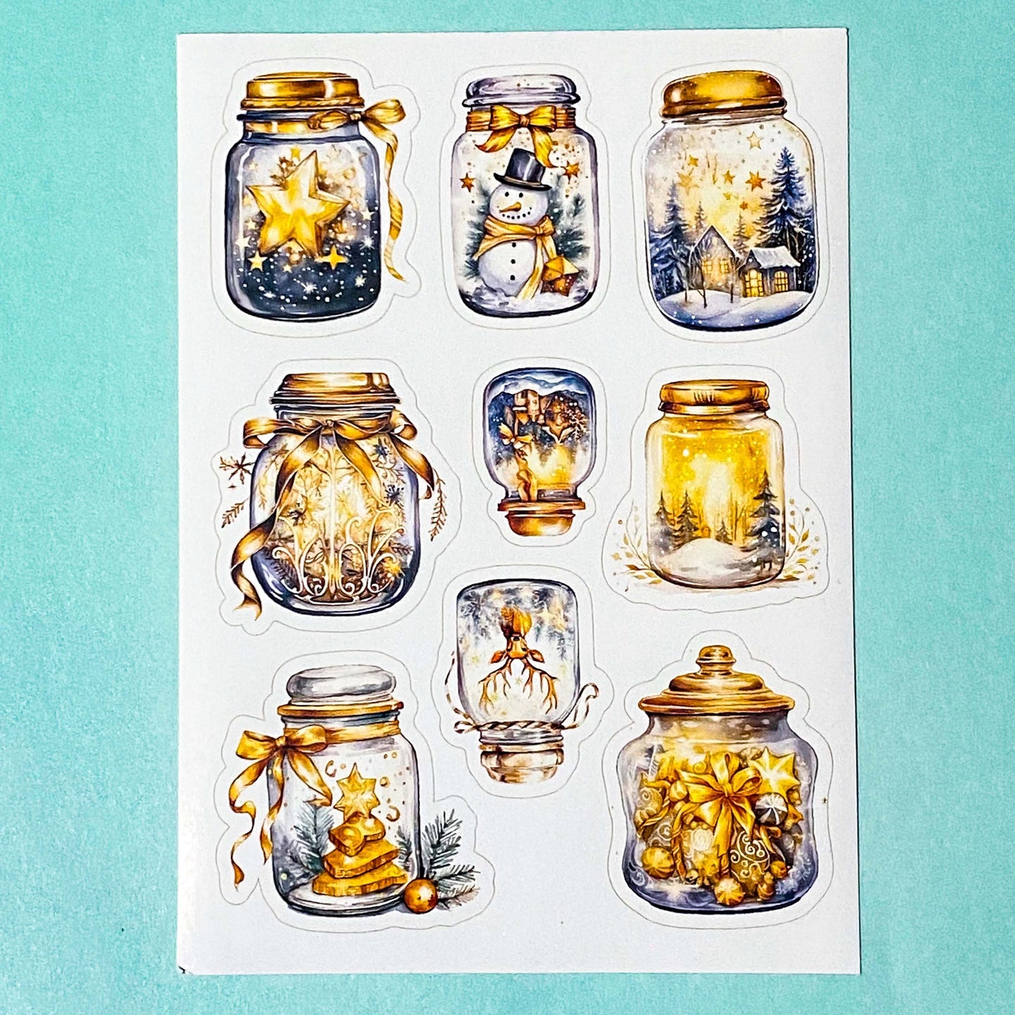 magic magical jar jars bottle bottles snow snowy festive christmas sticker stickers sheet bargain fun cute kawaii stationery shop store uk gold golden pretty star snowmen snowman globe winter planner