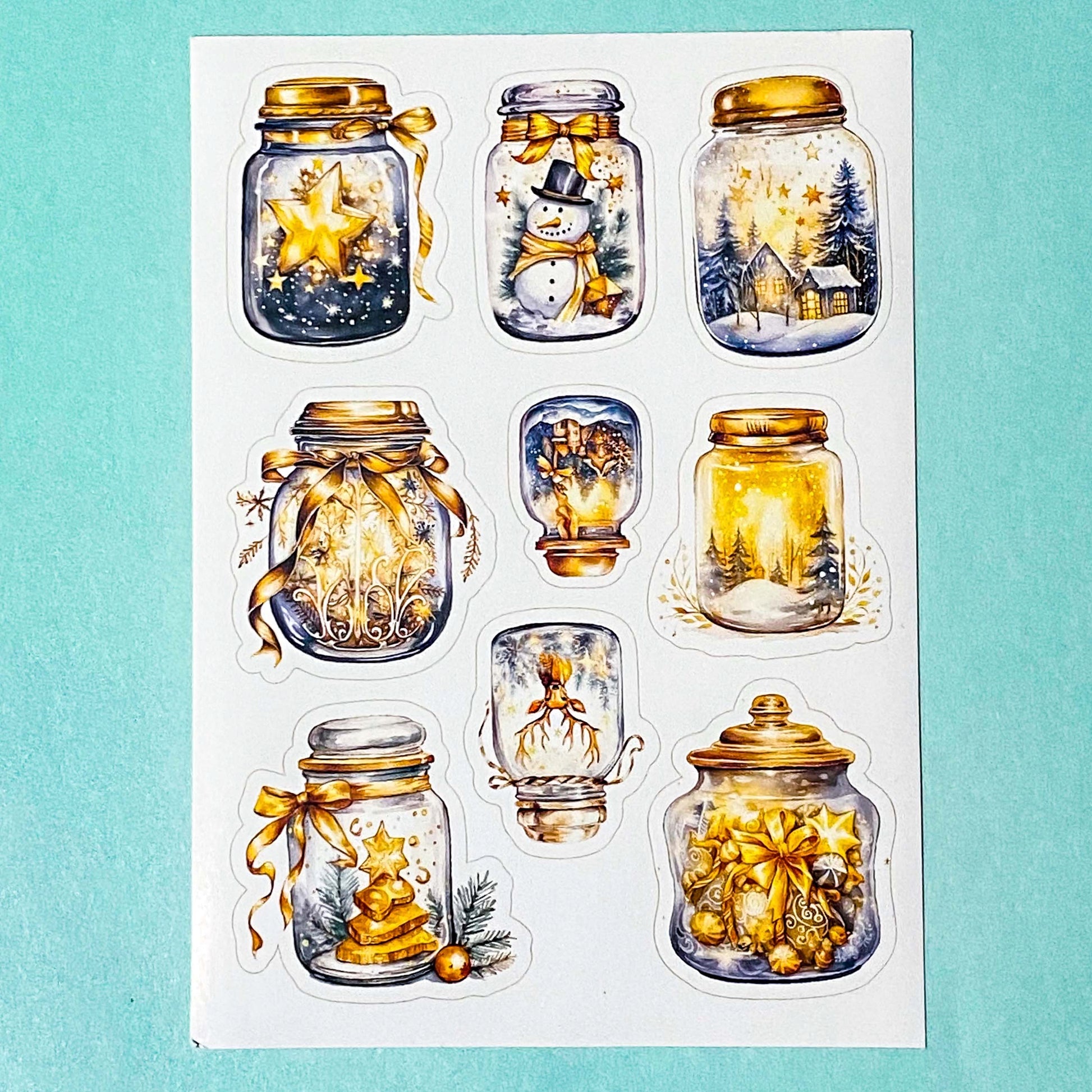 magic magical jar jars bottle bottles snow snowy festive christmas sticker stickers sheet bargain fun cute kawaii stationery shop store uk gold golden pretty star snowmen snowman globe winter planner