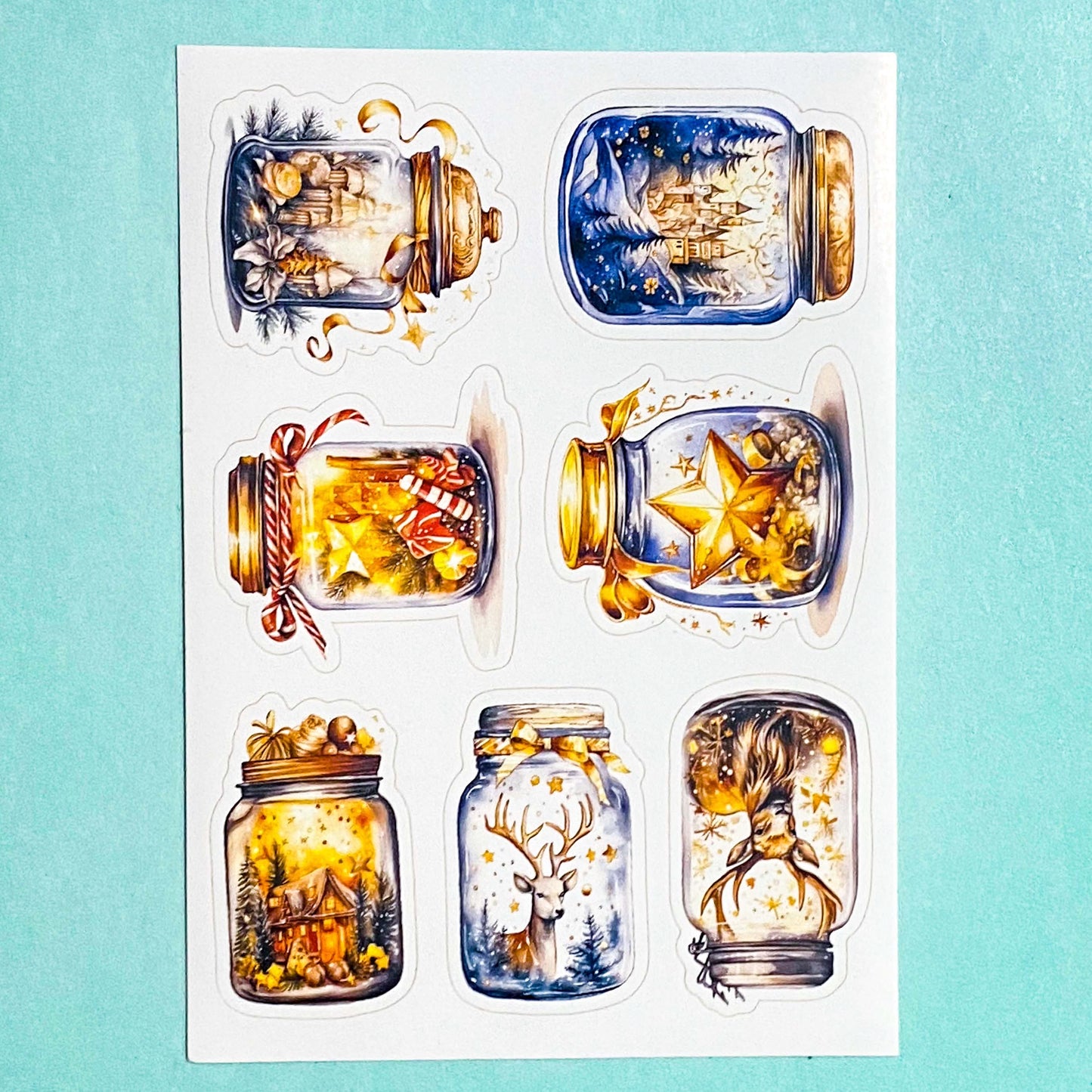 magic magical jar jars bottle bottles snow snowy festive christmas sticker stickers sheet bargain fun cute kawaii stationery shop store uk gold golden pretty star snowmen snowman globe winter planner