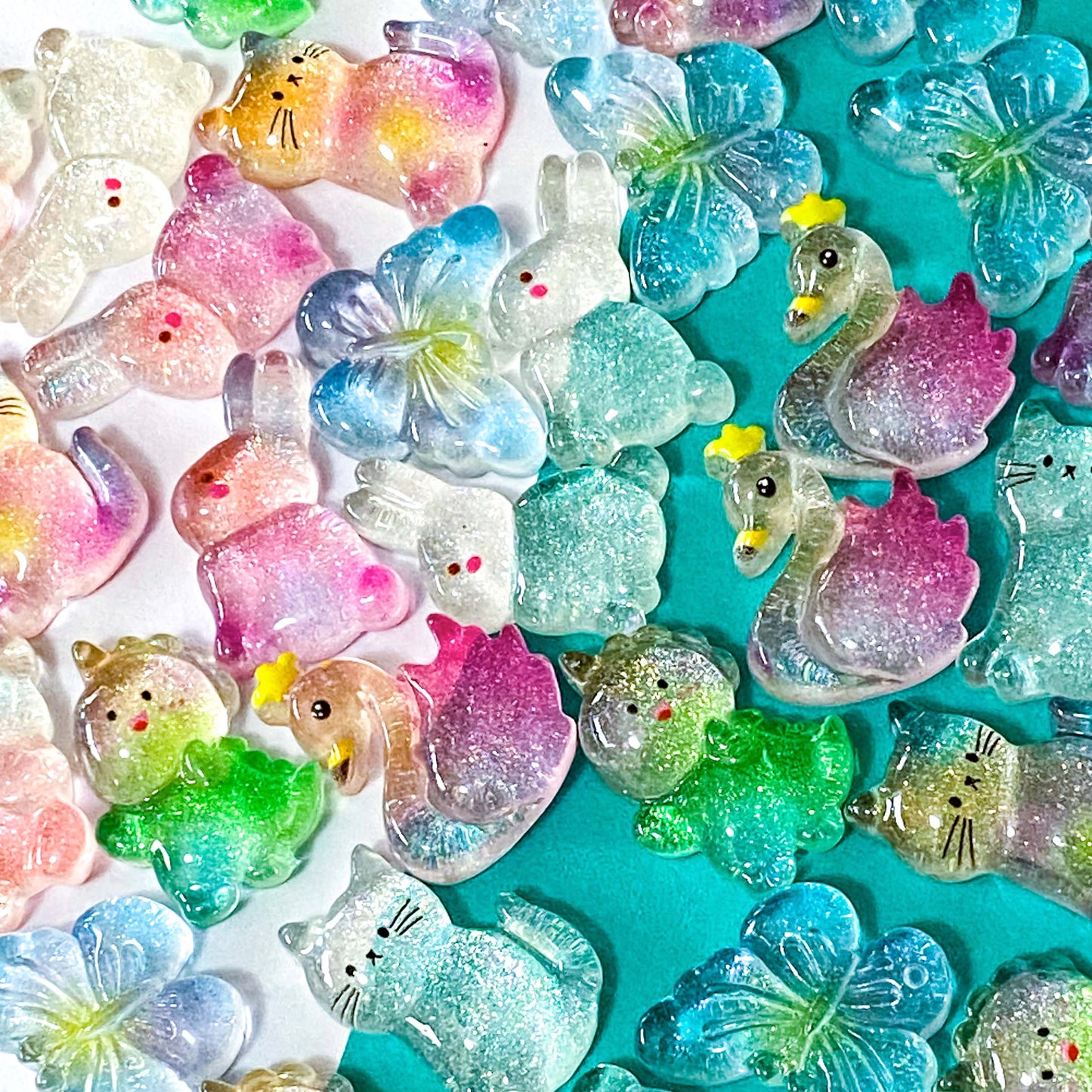 Cute kawaii glitter resin resins fb fbs flatbacks flat back Uk craft supplies shop store bunny rabbit rabbits rainbow glittery chunky cat cats kitty bow bows blue butterfly butterflies Swan Dino dinosaur dinosaurs 