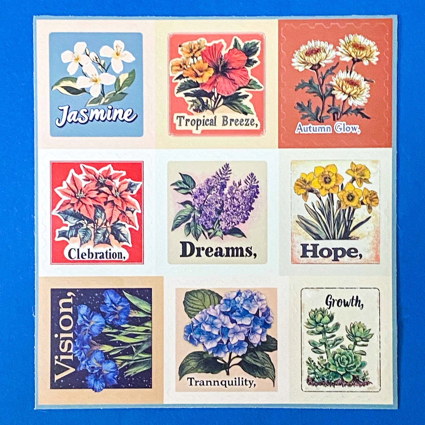 botanical affirmation stamp sticker set with 6 floral sheets featuring vintage style flowers and words like hope, serenity and dreams