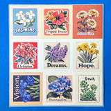 botanical affirmation stamp sticker set with 6 floral sheets featuring vintage style flowers and words like hope, serenity and dreams