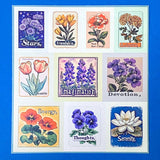 botanical affirmation stamp sticker set with 6 floral sheets featuring vintage style flowers and words like hope, serenity and dreams