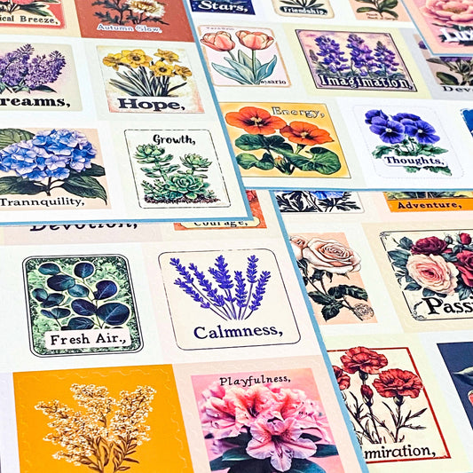 Botanical Affirmation Stamp Sticker Set- 6 Sheets Vintage Floral Words Stickers (Silk Finish) 72 Stickers