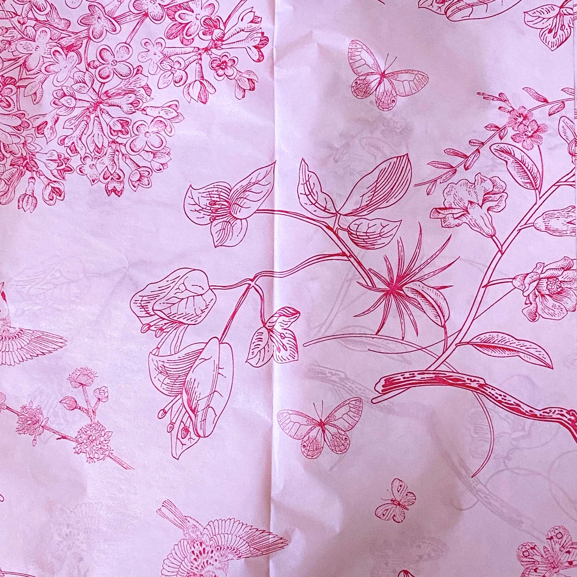 raspberry pink bird butterfly and flowers pale tissue paper sheets. botanical print, uk packaging supplies.