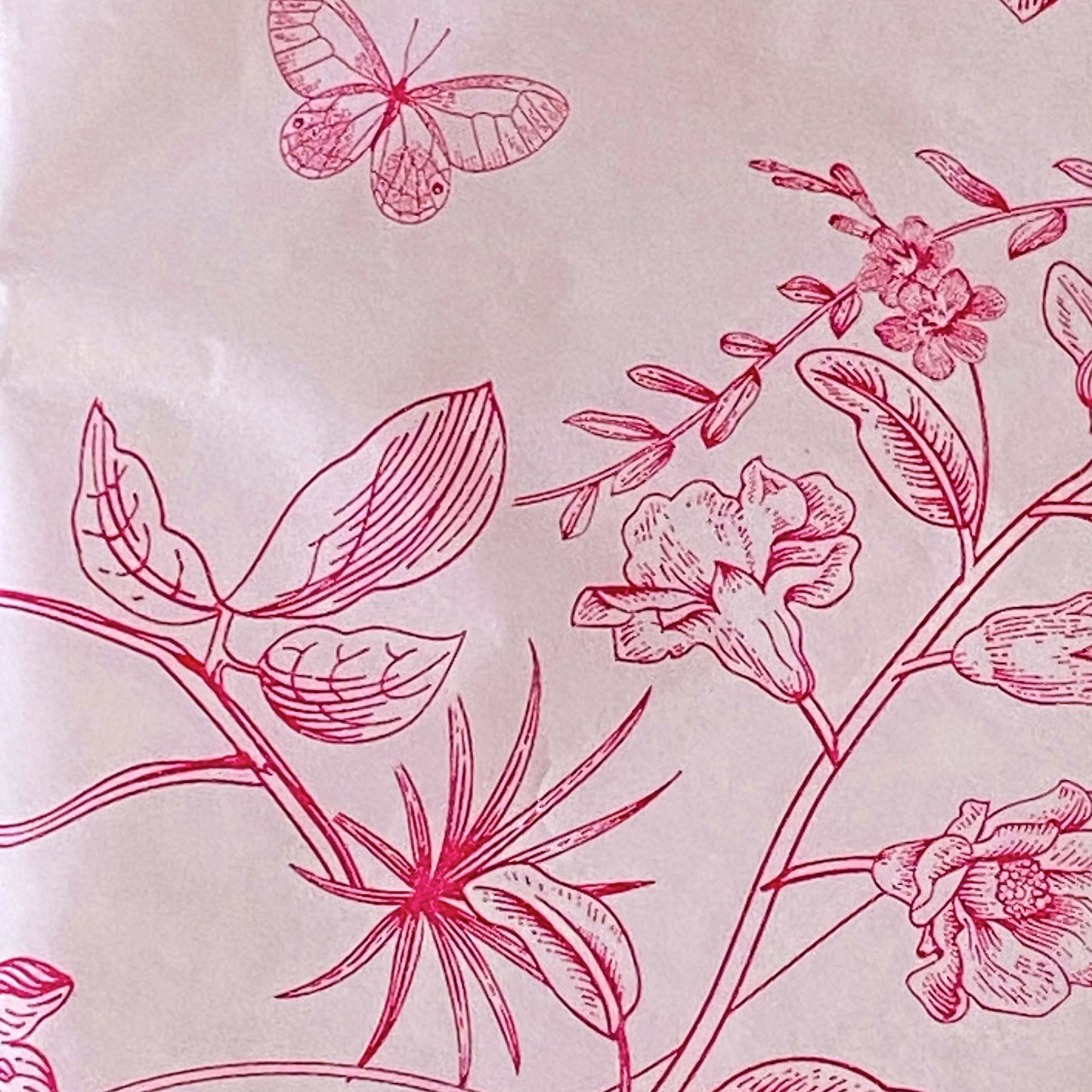 raspberry pink bird butterfly and flowers pale tissue paper sheets. botanical print, uk packaging supplies.