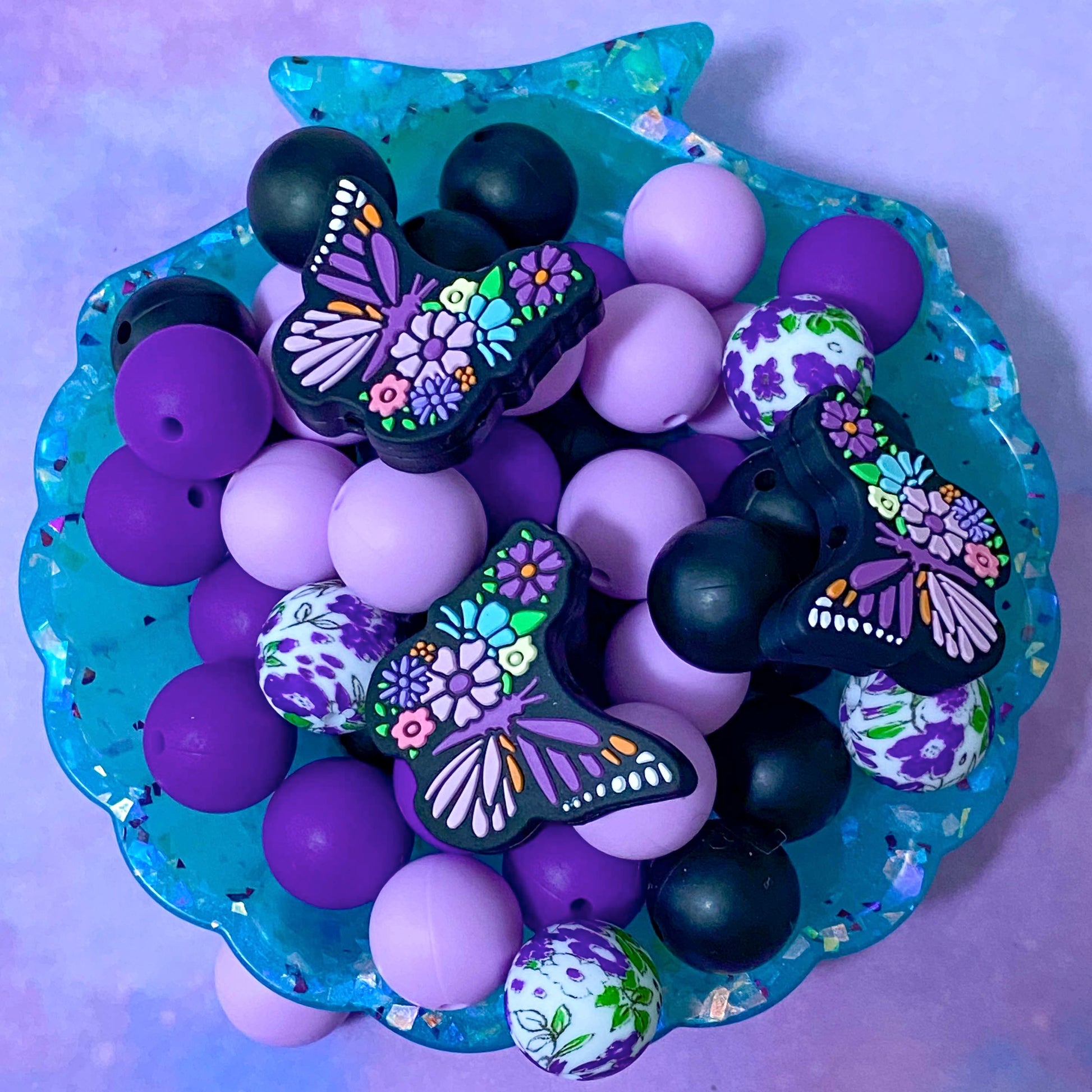 butterfly butterflies theme silicone bead beads soft 15mm 29mm large medium sized jumbo decorative build make your own pen pens beaded uk cute kawaii craft supplies shop store stationery purple lilac deep light floral flowers black