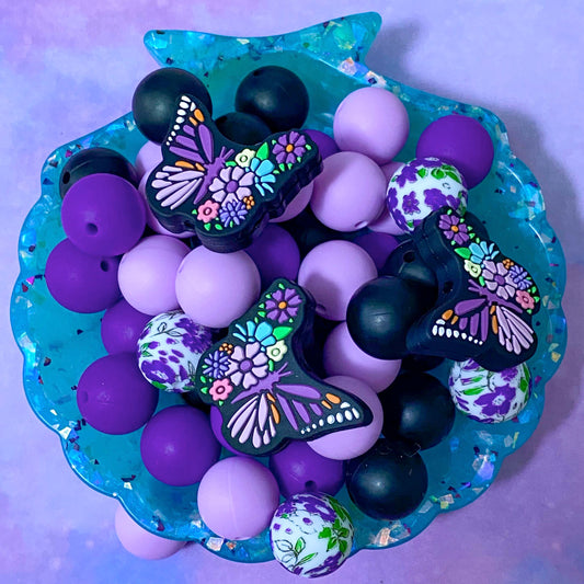 butterfly butterflies theme silicone bead beads soft 15mm 29mm large medium sized jumbo decorative build make your own pen pens beaded uk cute kawaii craft supplies shop store stationery purple lilac deep light floral flowers black