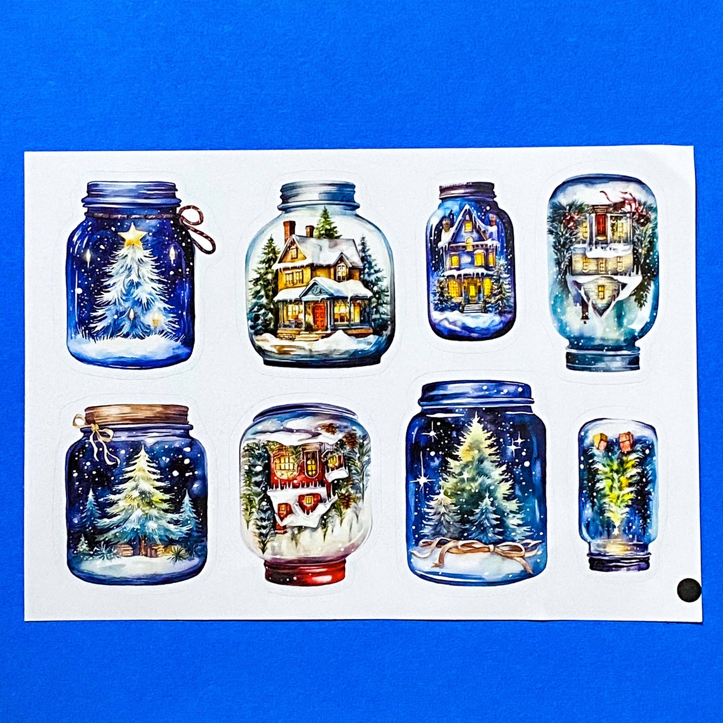 blue and white snow snowy sticker stickers sheet glossy festive christmas magic magical snow dome domes jar jars bottle bottles house houses cottage tree trees snowman snowmen pretty stationery uk cute kawaii gift gifts seal seals planner supplies