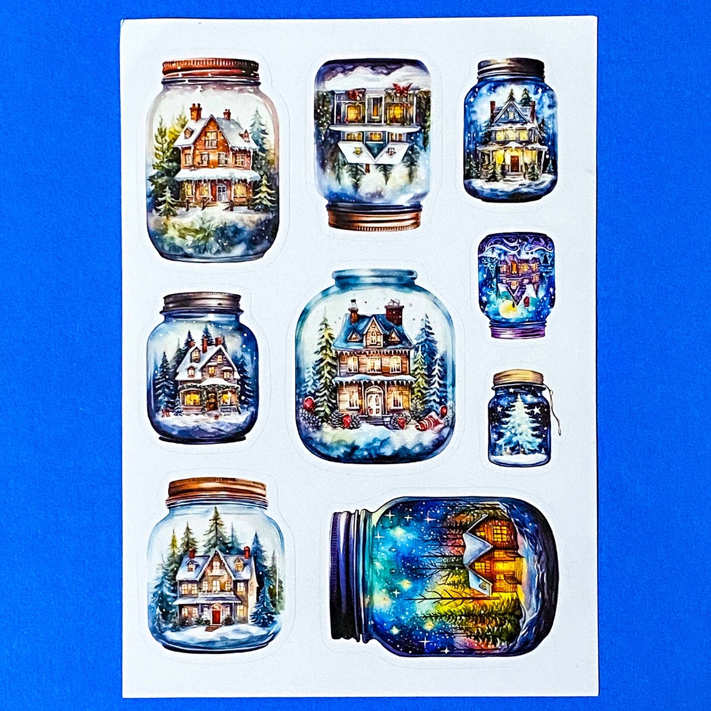 blue and white snow snowy sticker stickers sheet glossy festive christmas magic magical snow dome domes jar jars bottle bottles house houses cottage tree trees snowman snowmen pretty stationery uk cute kawaii gift gifts seal seals planner supplies
