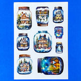 blue and white snow snowy sticker stickers sheet glossy festive christmas magic magical snow dome domes jar jars bottle bottles house houses cottage tree trees snowman snowmen pretty stationery uk cute kawaii gift gifts seal seals planner supplies