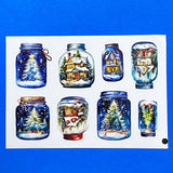 blue and white snow snowy sticker stickers sheet glossy festive christmas magic magical snow dome domes jar jars bottle bottles house houses cottage tree trees snowman snowmen pretty stationery uk cute kawaii gift gifts seal seals planner supplies