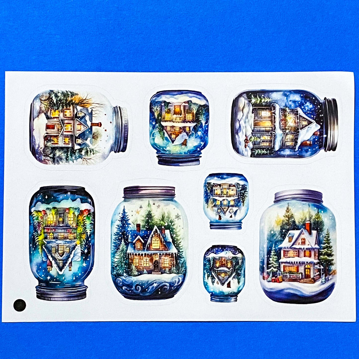 blue and white snow snowy sticker stickers sheet glossy festive christmas magic magical snow dome domes jar jars bottle bottles house houses cottage tree trees snowman snowmen pretty stationery uk cute kawaii gift gifts seal seals planner supplies