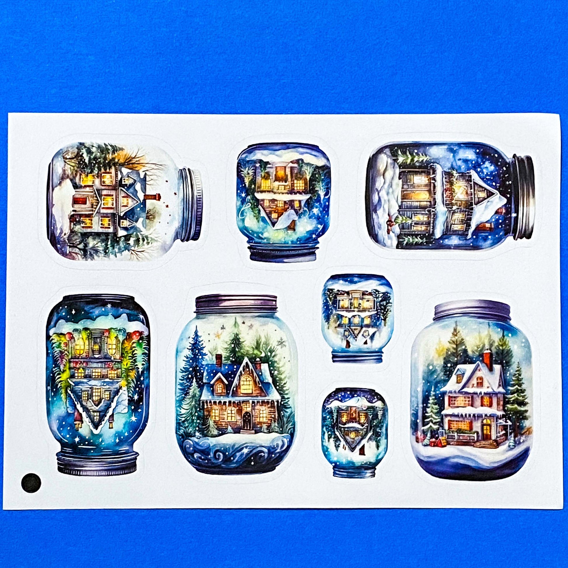 blue and white snow snowy sticker stickers sheet glossy festive christmas magic magical snow dome domes jar jars bottle bottles house houses cottage tree trees snowman snowmen pretty stationery uk cute kawaii gift gifts seal seals planner supplies