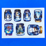 blue and white snow snowy sticker stickers sheet glossy festive christmas magic magical snow dome domes jar jars bottle bottles house houses cottage tree trees snowman snowmen pretty stationery uk cute kawaii gift gifts seal seals planner supplies