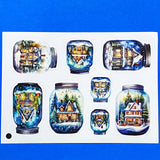 blue and white snow snowy sticker stickers sheet glossy festive christmas magic magical snow dome domes jar jars bottle bottles house houses cottage tree trees snowman snowmen pretty stationery uk cute kawaii gift gifts seal seals planner supplies