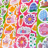 Colorful Easter-themed stickers with flowers, bunnies, and eggs on a pink background.