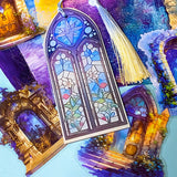 stained glass style window bookmark with tassel on textured blue and gold scrapbook paper with clear doorway stickers
