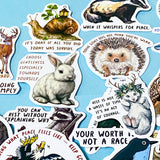 set of 50 animal positive quote stickers with affirmations featuring illustrated wildlife including cats, rabbits, hedgehogs and snails on a soft blue background