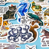 set of 50 animal positive quote stickers with affirmations featuring illustrated wildlife including octopus, chameleon, cat, seahorse and bird on a soft blue background