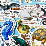 set of 50 animal positive quote stickers with affirmations featuring illustrated wildlife including cats, sea horses, bats and lizards on a soft blue background